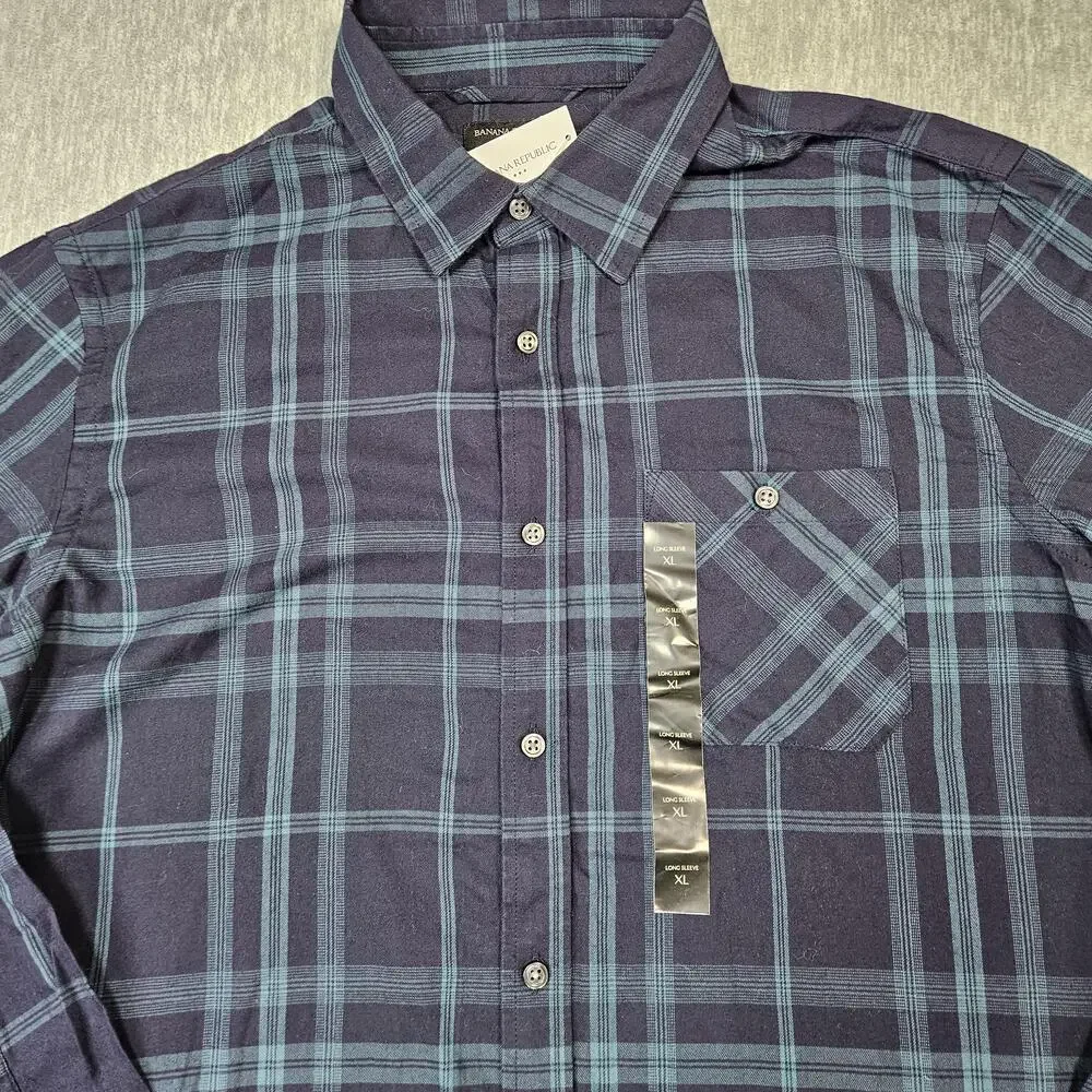 Banana Republic Shirt Mens XL Blue Plaid Flannel Button Up Long Sleeve
